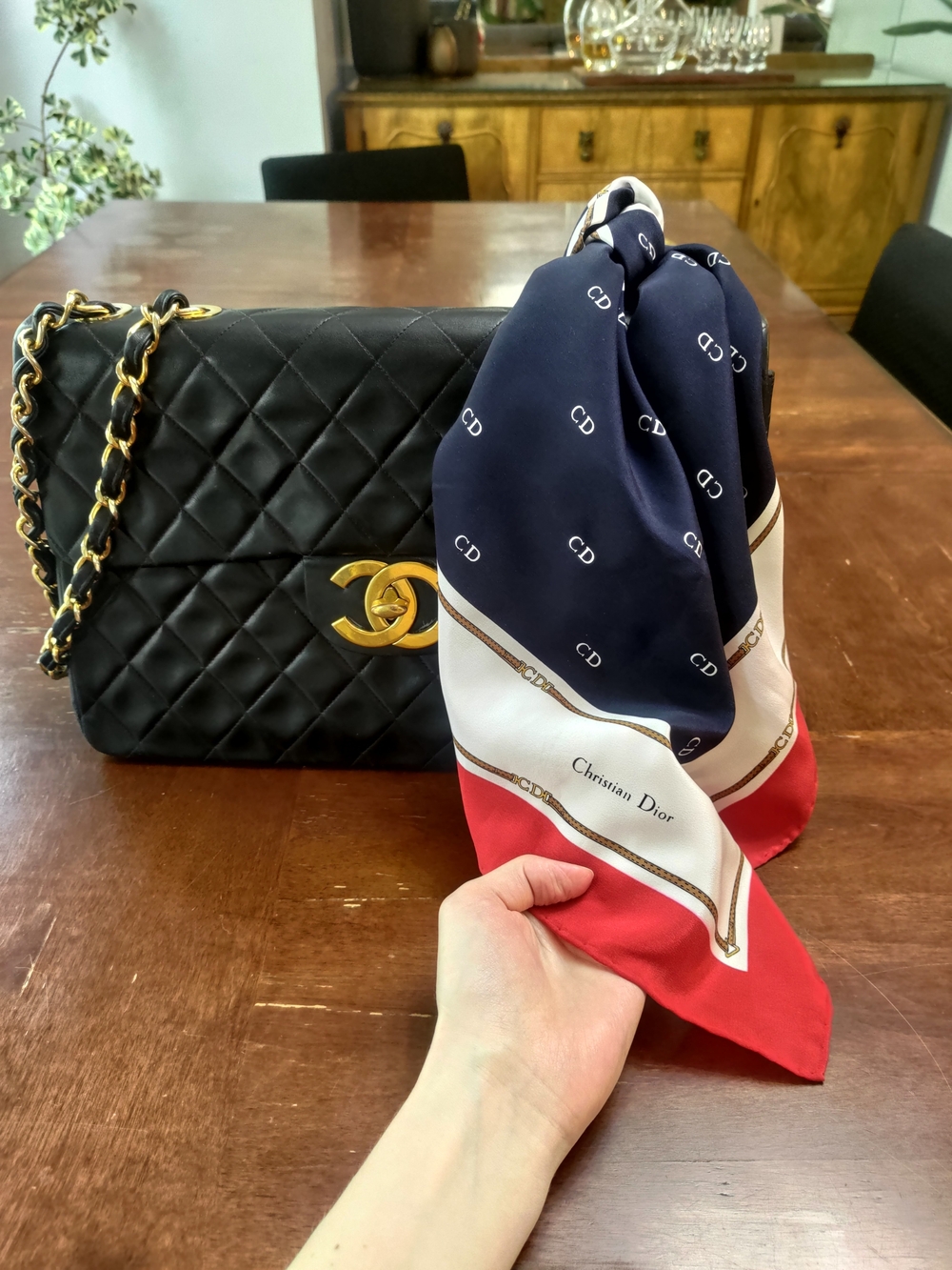 Dior Navy White Red Logo Silk Scarf